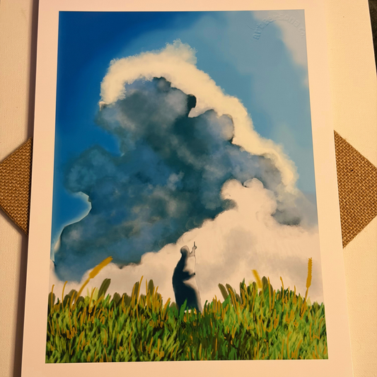 Artistic depiction of a person standing on grass with a large cloud in the background