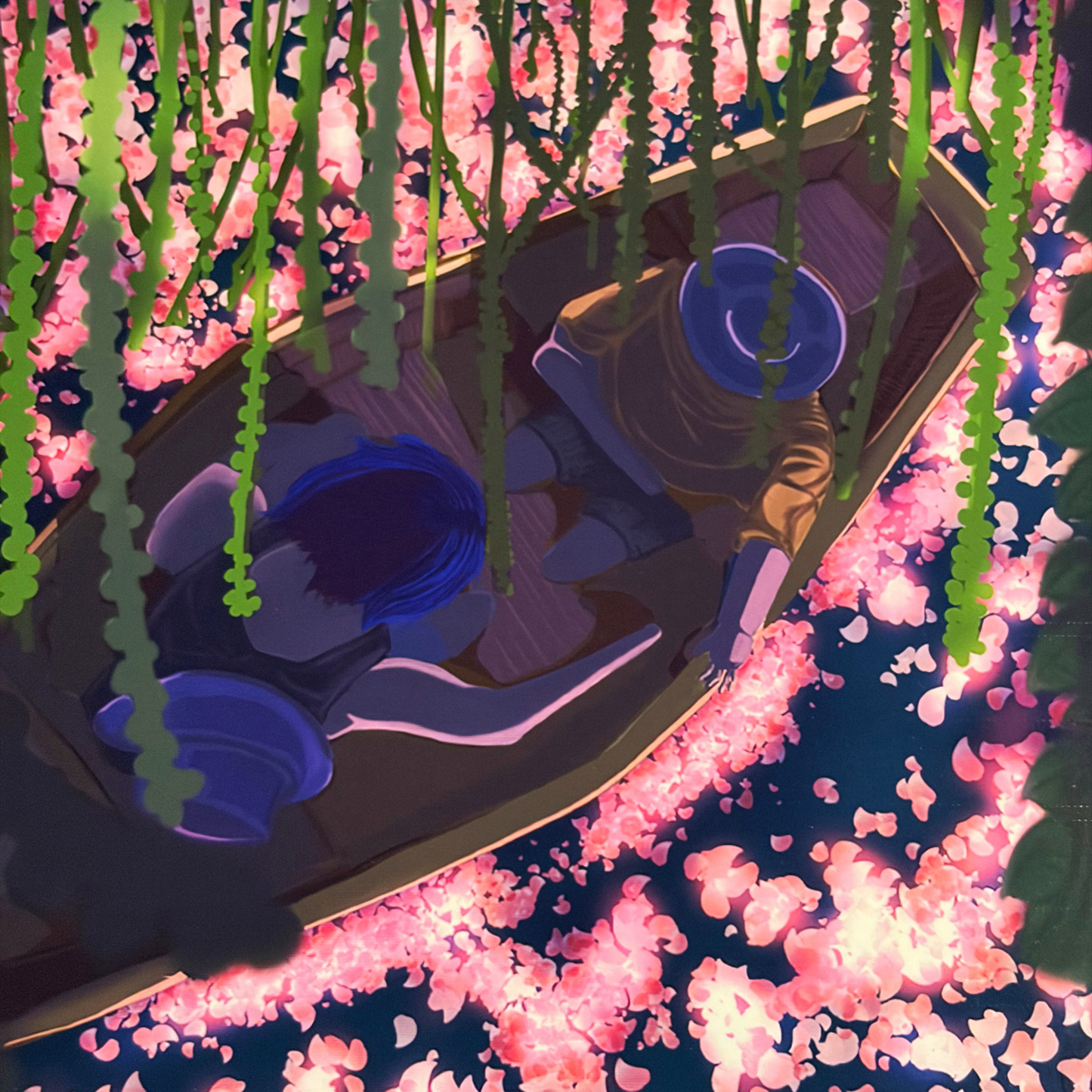 Two rowers on a boat at night. The lake is full of illuminated cherry blossoms.