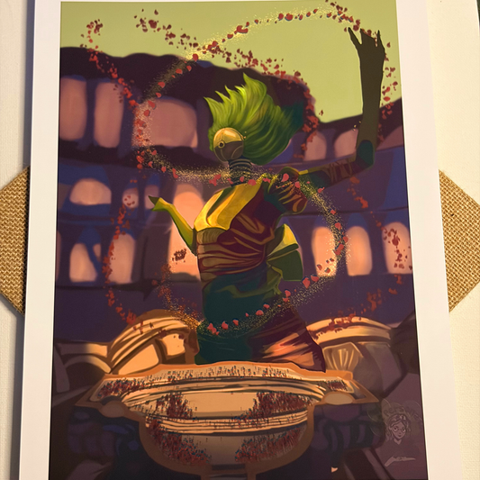 Colorful illustration of a character with green hair and yellow outfit against a Colosseum background.