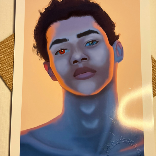 An image of a man with Heterochromia. An orange light bathes around him 