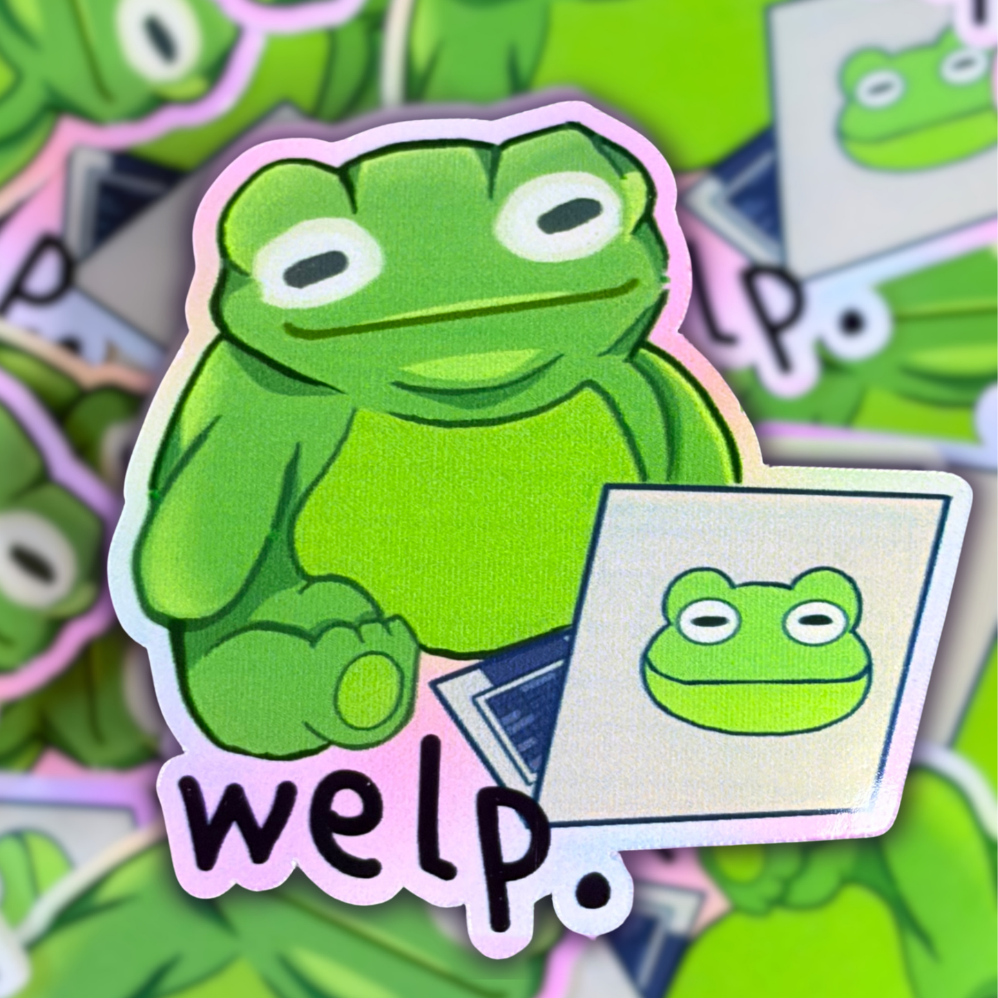 A green frog sitting in front of a computer looking confused, with text that says welp.